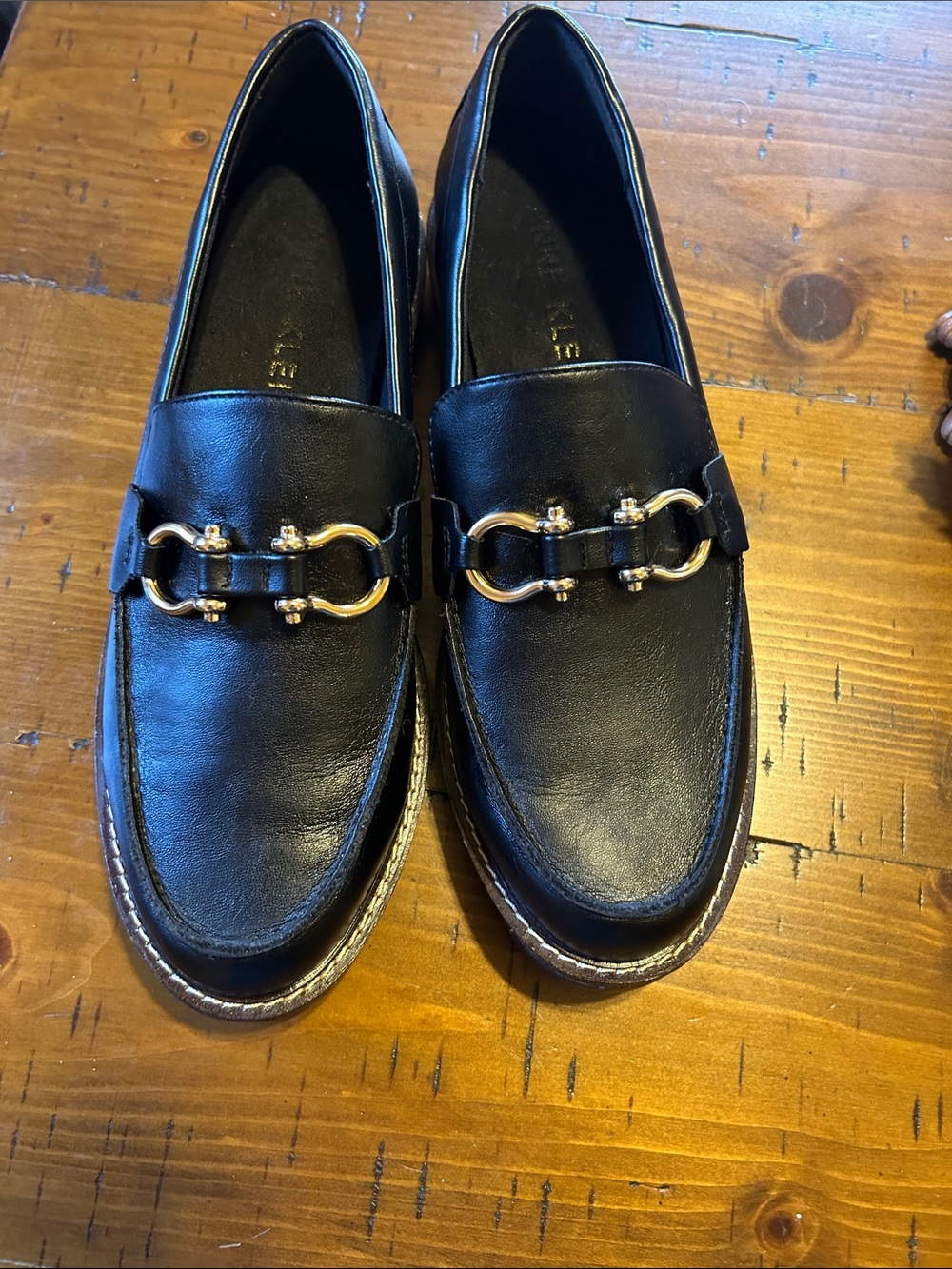 Anne Klein Black Leather Loafers with Gold Bit Hardware